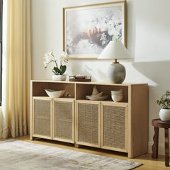 63" Mid Century Modern Rattan Sideboard Buffet Cabinet with Storage, Retro Coffee Bar Wine Bar Credenza, Large Media Console Table for Living Room/Entryway/Kitchen, Natural