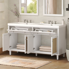 60 Inch Bathroom Vanity with Double Sink ( SMC Sink ), Large Storage Space with 2 Tip-Out Trays / Flip-Out Drawers and 4 Soft Closing Doors, Solid Wood Legs and Silver Metal Knobs, White