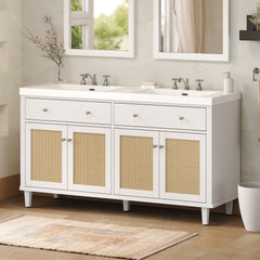 60 Inch Bathroom Vanity with Double Sink ( SMC Sink ), Large Storage Space with 2 Tip-Out Trays / Flip-Out Drawers and 4 Soft Closing Doors, Solid Wood Legs and Silver Metal Knobs, White