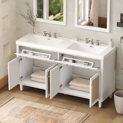 60 Inch Bathroom Vanity with Double Sink ( SMC Sink ), Large Storage Space with 2 Tip-Out Trays / Flip-Out Drawers and 4 Soft Closing Doors, Solid Wood Legs and Silver Metal Knobs, White