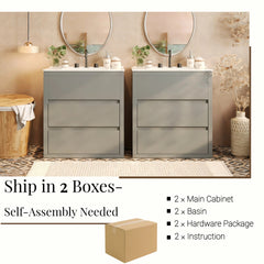 60" Double Sinks Bathroom Vanity Set, Bathroom Cabinet with Two Separate Ceramic Sinks, Full-Extension Drawers & Soft Close Undermount Drawer Slides, Gray