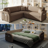 85.1" L-Shaped Sofa Couch with Pull-Out Bed,Oversize Convertible Sleeper Sofa with side Pocket & USB Port,Teddy Upholstered Sectional Couches, for Living Room, Apartment, Office,Brown