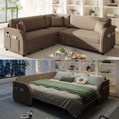 85.1" L-Shaped Sofa Couch with Pull-Out Bed,Oversize Convertible Sleeper Sofa with side Pocket & USB Port,Teddy Upholstered Sectional Couches, for Living Room, Apartment, Office,Brown