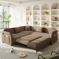 85.1" L-Shaped Sofa Couch with Pull-Out Bed,Oversize Convertible Sleeper Sofa with side Pocket & USB Port,Teddy Upholstered Sectional Couches, for Living Room, Apartment, Office,Brown