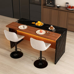 63" Modern Kitchen Island Set with 2 Gray Bar Stools - Black Marble Look Surface, LED Lighting & Grill Design for Dining Room, Open Concept Spaces, Lounge(2 Gray Bar Stools)