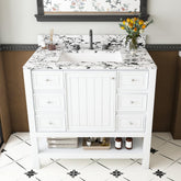 Modern 37"Bathroom Vanity with white top Set , Multi-functional Bathroom Cabinet with Doors and Drawer, With 3 drawers and a storage cabinet, Solid Frame and MDF (Three faucet hole)
