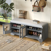 TREXM Rustic Storage Bench Multifunctional Wood Entryway Shoe Bench with Removable Cushion, Woven Rattan Doors & Adjustable Shelves for Hallway, Living Room (Gray Wash+Beige )