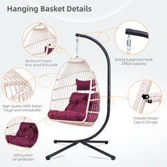 Outdoor Egg Hanging Chair with Stand, Patio Wicker Swing Egg Chair Indoor Swinging Chair Outdoor Hammock Egg Chair. Rose red