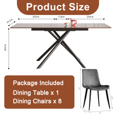 59-inch Expandable Dining Table Set with 8 Gray Ergonomic Chairs, Black Sandblasted Glass Top & X-Base, 4-6 Seater Modern Dining Set for Small Spaces, Kitchen and Apartment
