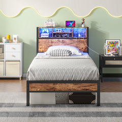 Twin Size Bed Frame with Storage Headboard, Metal Platform Bed with Charging Station, Bookcase Storage, Easy Assembly