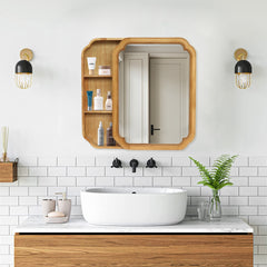 31.5" x 23.82" Wood Framed Wall - Mounted Mirror Cabinet with Storage Shelves, Medicine Mirror for Bathroom, Living Room, Entryway