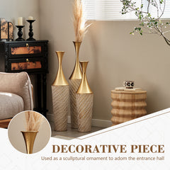 3-Piece Handcrafted Metal Floor Vase Set, Gold & White Textured Tall Vases (27.56"/31.5"/35.43") for Living Room Entryway, Modern Glam Decor for Pampas Grass & Ideal Housewarming/Birthday Gifts