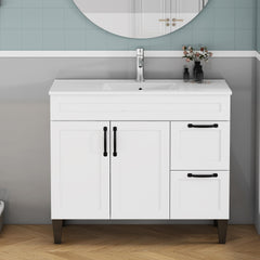 39.4-inch Bathroom Vanity With Sink Combo,Cabinet With 2 Doors and 2 Big Drawer,Black Metal Handle,Black Feet,Soft Close Hinge,Mordern Bathroom Cabinet,Easy Assemble,White
