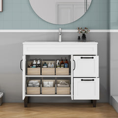 39.4-inch Bathroom Vanity With Sink Combo,Cabinet With 2 Doors and 2 Big Drawer,Black Metal Handle,Black Feet,Soft Close Hinge,Mordern Bathroom Cabinet,Easy Assemble,White