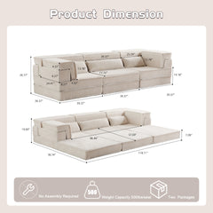 Compression Mahjong Sofa,Convertible Floor Sofa Bed,DIY Boneless Modular Sectional Sofa,No Assembly Required,Circle fleece fabric,Oversized 3 Seater with 3 Pillows,White