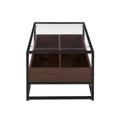 Display Contemporary Coffee Table in Black Metal, Walnut Wood, and Clear Glass by LumiSource