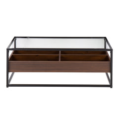 Display Contemporary Coffee Table in Black Metal, Walnut Wood, and Clear Glass by LumiSource