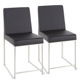 High Back Fuji Contemporary Dining Chair in Stainless Steel and Black Faux Leather by LumiSource - Set of 2