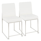High Back Fuji Contemporary Dining Chair in Stainless Steel and White Faux Leather by LumiSource - Set of 2