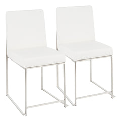 High Back Fuji Contemporary Dining Chair in Stainless Steel and White Faux Leather by LumiSource - Set of 2
