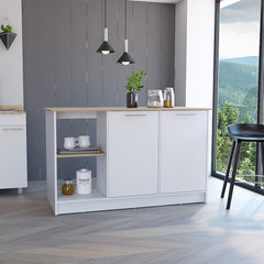 Juniper Kitchen Island, Four Open Shelves, Two Cabinets -Light Oak / White