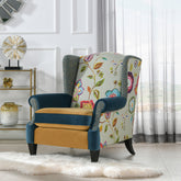 Anya Boho Chic Wingback Accent Arm Chair, Floral & Leopard, Blue-Teal & Yellow-Gold Velvet