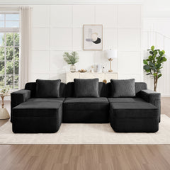 Modular 3 Seat U Shape Sectional Boneless Sofa, Cloud Sectional Couch with Deep Seat, Modern Modular 3-Seat Sofa Couch with Throw Pillows and 2 Movable Ottomans, Corduroy Fabric Black