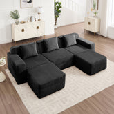Modular 3 Seat U Shape Sectional Boneless Sofa, Cloud Sectional Couch with Deep Seat, Modern Modular 3-Seat Sofa Couch with Throw Pillows and 2 Movable Ottomans, Corduroy Fabric Black