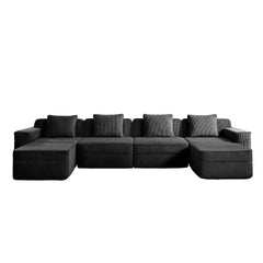 Modular 4 Seat U Shape Sectional Boneless Sofa, Cloud Sectional Couch with Deep Seat, Modern Modular 4-Seat Sofa Couch with Throw Pillows and 2 Movable Ottomans, Corduroy Fabric Black