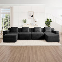 Modular 4 Seat U Shape Sectional Boneless Sofa, Cloud Sectional Couch with Deep Seat, Modern Modular 4-Seat Sofa Couch with Throw Pillows and 2 Movable Ottomans, Corduroy Fabric Black
