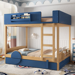 Full Bunk Bed with Trundle , Wood Bunk Bed Frame with Built-inBookshelf and High-quality Safety Guardrail,Automobile Form Design for Kids ,Blue&Natural.