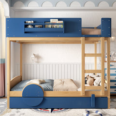 Full Bunk Bed with Trundle , Wood Bunk Bed Frame with Built-inBookshelf and High-quality Safety Guardrail,Automobile Form Design for Kids ,Blue&Natural.