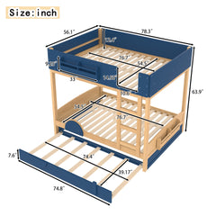Full Bunk Bed with Trundle , Wood Bunk Bed Frame with Built-inBookshelf and High-quality Safety Guardrail,Automobile Form Design for Kids ,Blue&Natural.