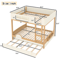 Queen Bunk Bed with Trundle , Wood Bunk Bed Frame with Built-in Bookshelf and High-quality Safety Guardrail,Automobile Form Design for Kids,Natural&Beige