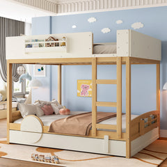 Queen Bunk Bed with Trundle , Wood Bunk Bed Frame with Built-in Bookshelf and High-quality Safety Guardrail,Automobile Form Design for Kids,Natural&Beige