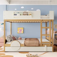 Queen Bunk Bed with Trundle , Wood Bunk Bed Frame with Built-in Bookshelf and High-quality Safety Guardrail,Automobile Form Design for Kids,Natural&Beige