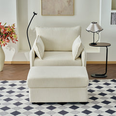 55" Oversized Chaise Lounge Chair Indoor with Ottoman and Storage , Comfy Corduroy Single Sofa, Upholstered Deep Seat Chaise Lounge with Pillows for Living Room, Bedroom, Apartment, Beige.