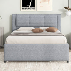 Full Size Upholstery platform bed with Trundle,Trundle can be flat or erected, Gray