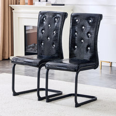 Set of 2,Retro alligator skin Upholstered dining chairs,with Crystal buckle design and Faux Leather design,a touch of elegance and mystery to the dining area,Black spray-painted metal bow leg