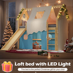 Twin Size House Loft Bed with Sills and Tents, Solid Wood Loft Bed with Ladders and Slide, Chic Design with Lights, No Box Spring Needed, Natural+Blue
