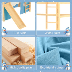 Twin Size House Loft Bed with Sills and Tents, Solid Wood Loft Bed with Ladders and Slide, Chic Design with Lights, No Box Spring Needed, Natural+Blue