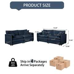 Oversized Deep Seat Luxury 2 Piece Sofa Set, 2 Pieces of Loveseat Sofa, Modern Chenille Comfy Cloud Couches Set for Living Room Office with 4 Pillows,DIY Combination,Blue