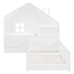 Twin Size House Bed with Window and Bedside Drawers, Platform Bed with Shelves and a set of Sockets and USB Port, White