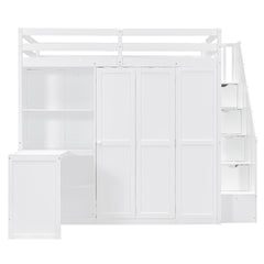 Full Size Loft Bed with Wardrobe,Desk and Shelves,White