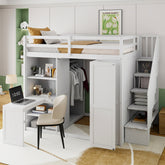Full Size Loft Bed with Wardrobe,Desk and Shelves,White