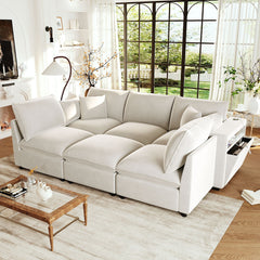 Modern Sectional Sofa Modular Sofa 93.7" U-shaped Sofa Couch Sofa Bed L-shaped Sofa with a Movable Ottoman, Storage Armrests and USB Ports, Beige