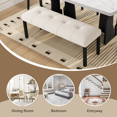 Modern Tufted Linen Dining Bench, Farmhouse Upholstered Entryway Bench with Black Rubber Wood Legs, Versatile for Kitchen, Bedroom, Hallway, Beige