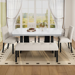 6 Piece Modern Dining Table Set, 63" Faux Marble Dining Table with Geometric Legs & 4 Upholstered Chairs & 1 Bench, Suitable for Dining Kitchen Room,Easy to Assemble, Beige + White