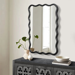 Solid Wood Wavy Rectangle Mirror-Black 40" x 28" Modern Mirror Wall Decor for Bathroom, Bedroom, Living Room, Dining Room, Cloakroom, Entryway