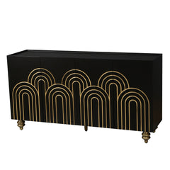 Modern Fluted Sideboard Buffet with Storage, Curve Element with Strict Lines, 4 Doors Storage Cabinet with Adjustable Shelves for Kitchen, Dining Room, Living Room (Black)